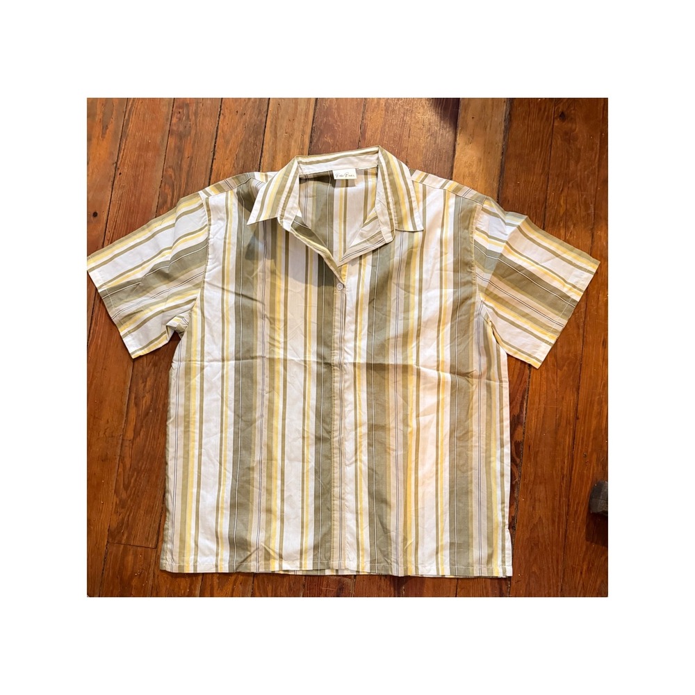 Bobbie Brooks Striped Short Sleeve Button Down Shirt‎ Olive Green Yellow White